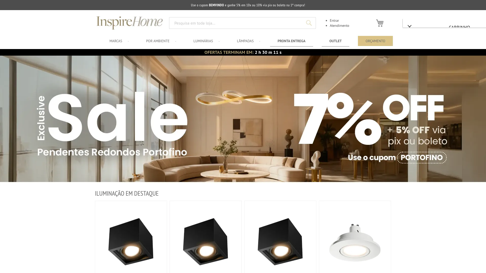 Homepage da Inspire Home com categorias, busca, campanha e condições comerciais brasileiras.