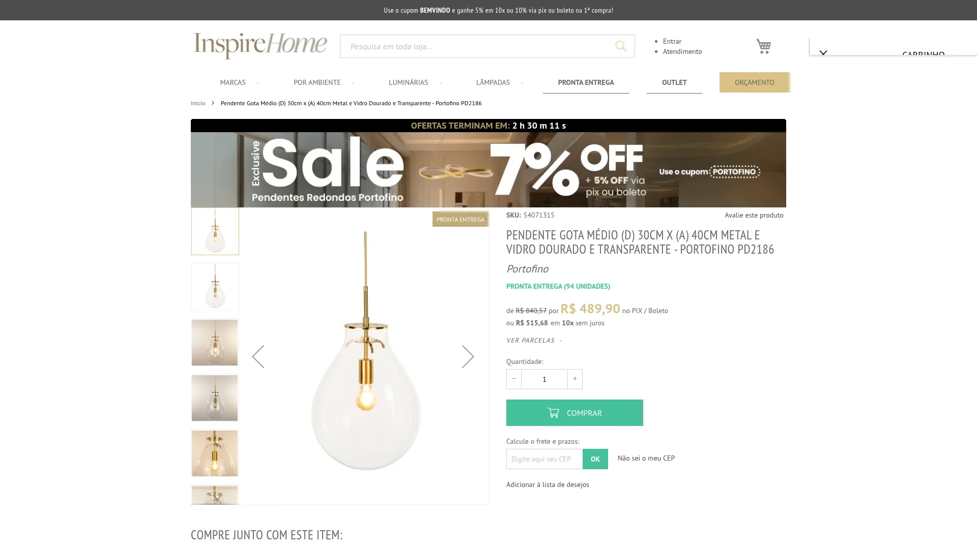 Página de produto da Inspire Home com estoque, pagamento e cálculo por CEP.