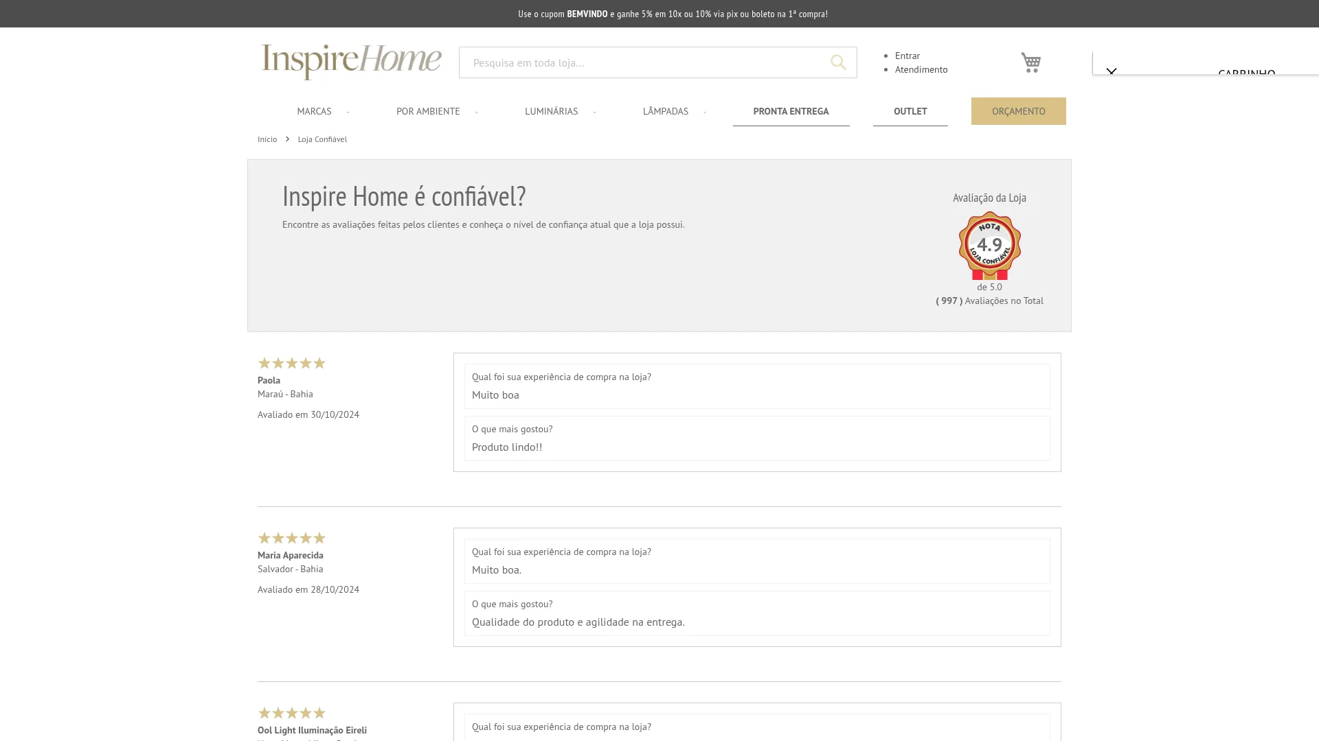 Página de confiança da Inspire Home com nota e avaliações.