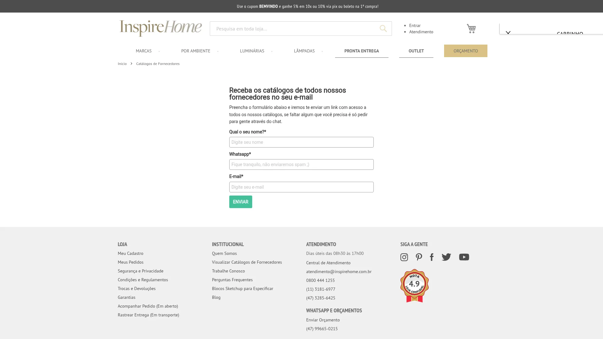 Formulário da Inspire Home para solicitar catálogos de fornecedores.