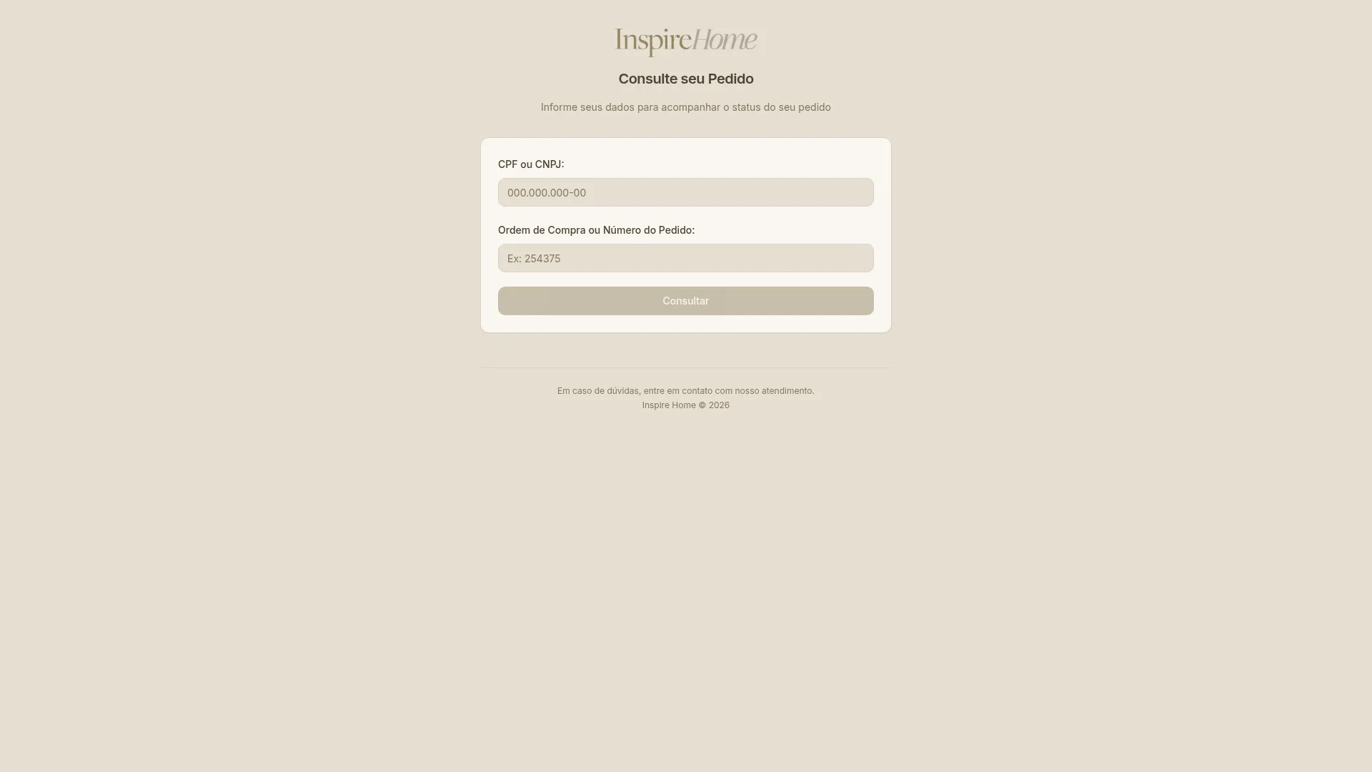 Portal da Inspire Home para consultar pedido.